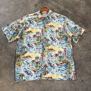 Vintage Pineapple Juice Hawaiian Shirt Mens L Blue Surf Rayon Summer Vacation